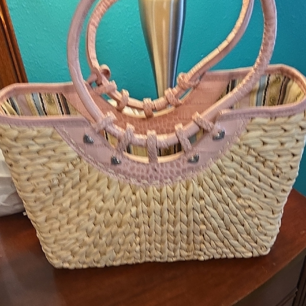 Brighton Straw Structured Tote Bag With Pink Faux Croc Embossed Leather Trim - Picture 7 of 14
